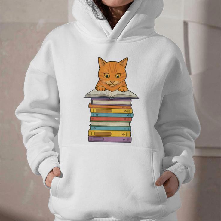 Cute Orange Tabby Cat Reading On Pile Of Books Graphic Youth Hoodie