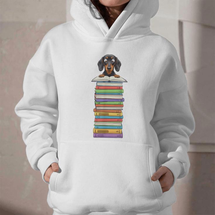 Cute Wiener Dog Dachshund Reading On Pile Of Books Graphic Youth Hoodie