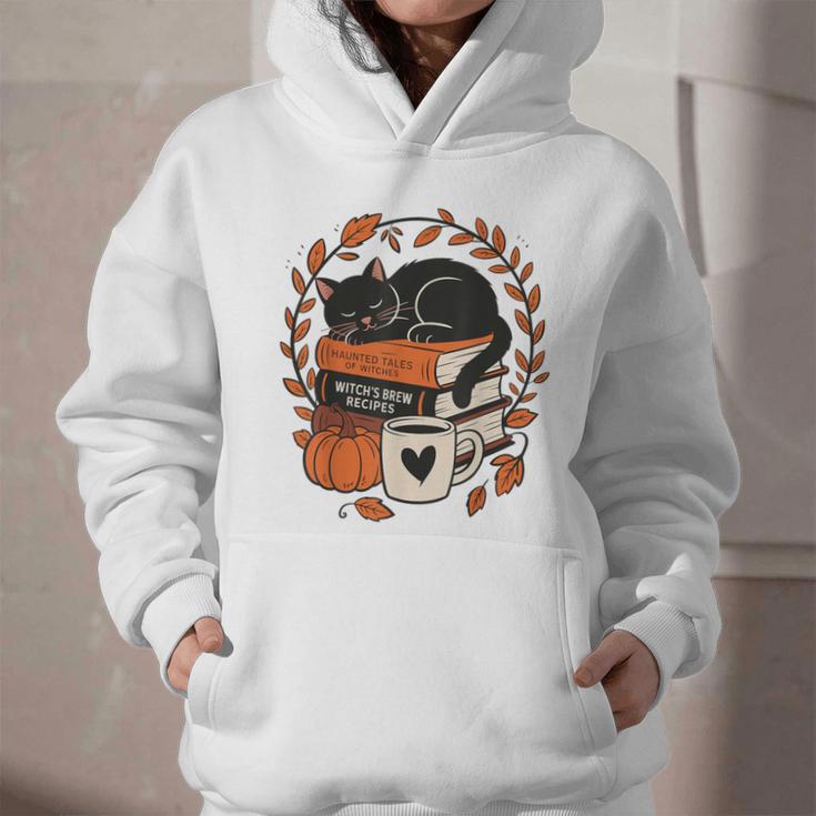 Fall Book Teacher Cat Books Halloween Autumn Librarian Graphic Youth Hoodie