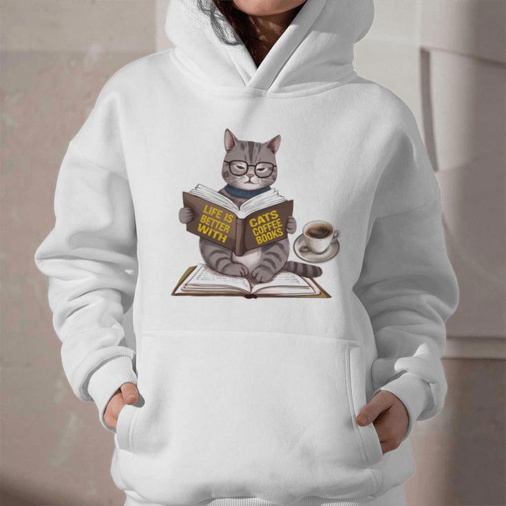 Life Is Better With Cats Coffee Books Cat Reading Book Graphic Youth Hoodie