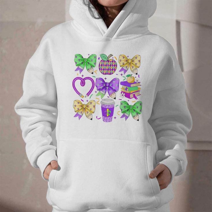 Mardi Gras Teacher Coquette Bow Pencil Apple Book Women Girl Graphic Youth Hoodie