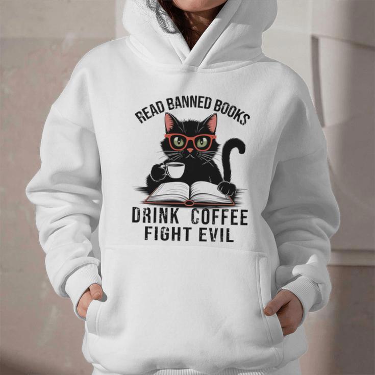 Read Banned Books Drink Coffee Fight Evil Retro Cat Graphic Youth Hoodie