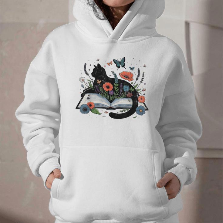 Retro Cute Cat Floral Book Librarian Vintage Floral Cat Book Graphic Youth Hoodie