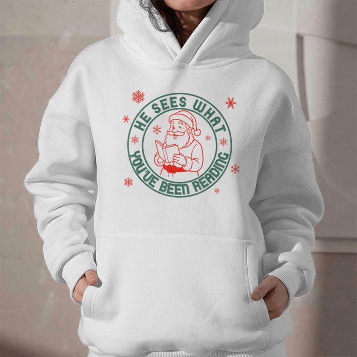 He Sees What You'Ve Been Reading Christmas Book Lover Shirt Graphic Youth Hoodie