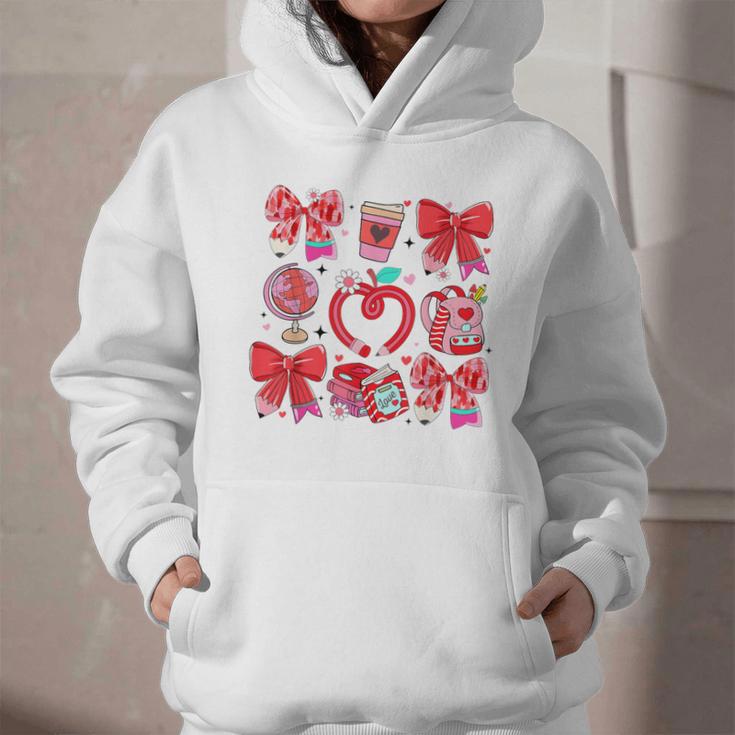 Valentine Teacher Coquette Bow Pencil Heart Book Girl Women Graphic Youth Hoodie