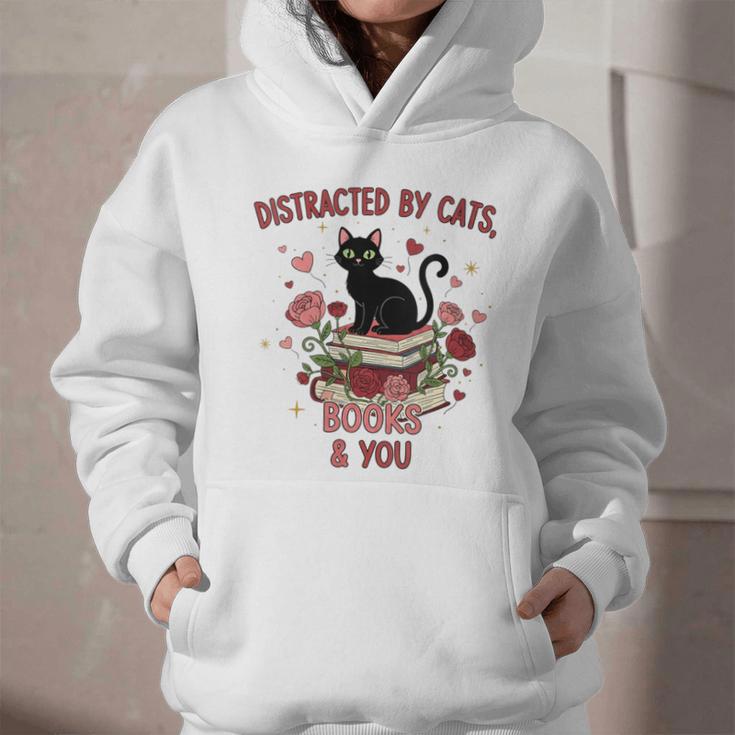 Women's Cat Books Romantic Floral Aesthetic Book Lover Cat Owner Graphic Youth Hoodie