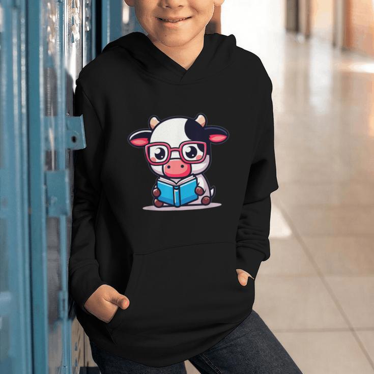 Adorable Book Lover Cow With Reading Glasses Cute Graphic Youth Hoodie