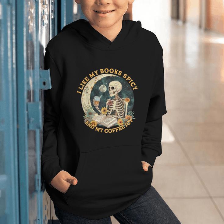 I Like My Books Spicy & My Coffee Icy Skeleton Read Book Graphic Youth Hoodie