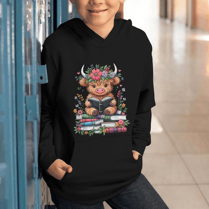 Bookworm Cute Baby Highland Cow Reading Book Graphic Youth Hoodie