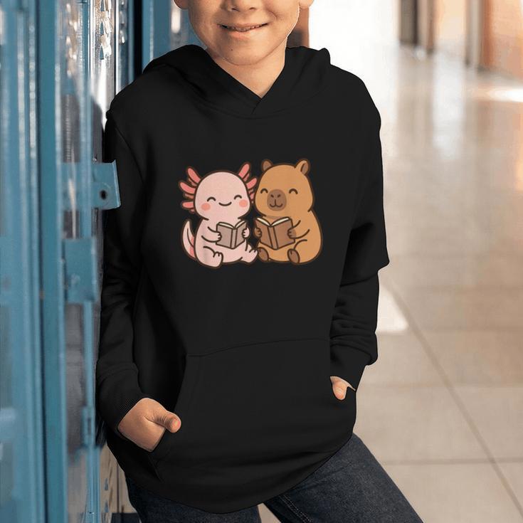 Capybara Axolotl Kawaii Kids Anime Book Lover Reading Graphic Youth Hoodie