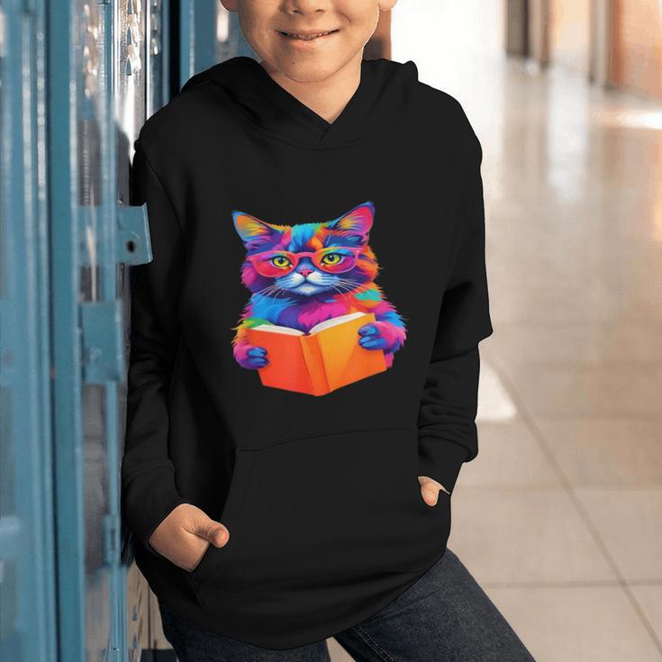 Cat Book Shirt Colorful Cat Reading Book Graphic Youth Hoodie