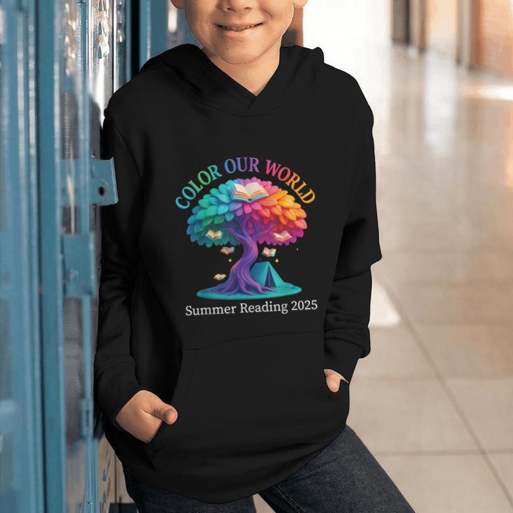 Color Our World Summer Reading 2025 Tree Book Lover Camping Graphic Youth Hoodie