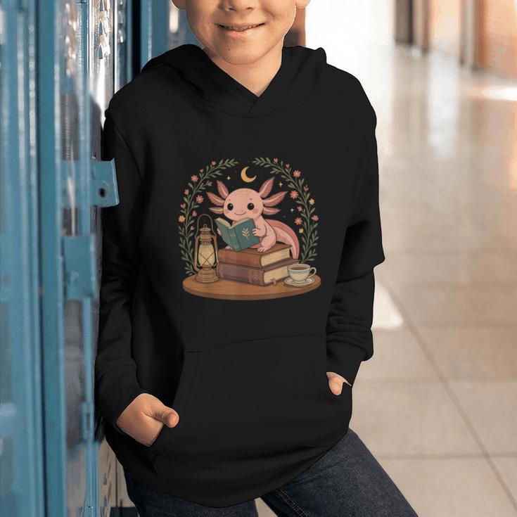 Cute Axolotl Reading Books Cozy Bookworm Graphic Youth Hoodie