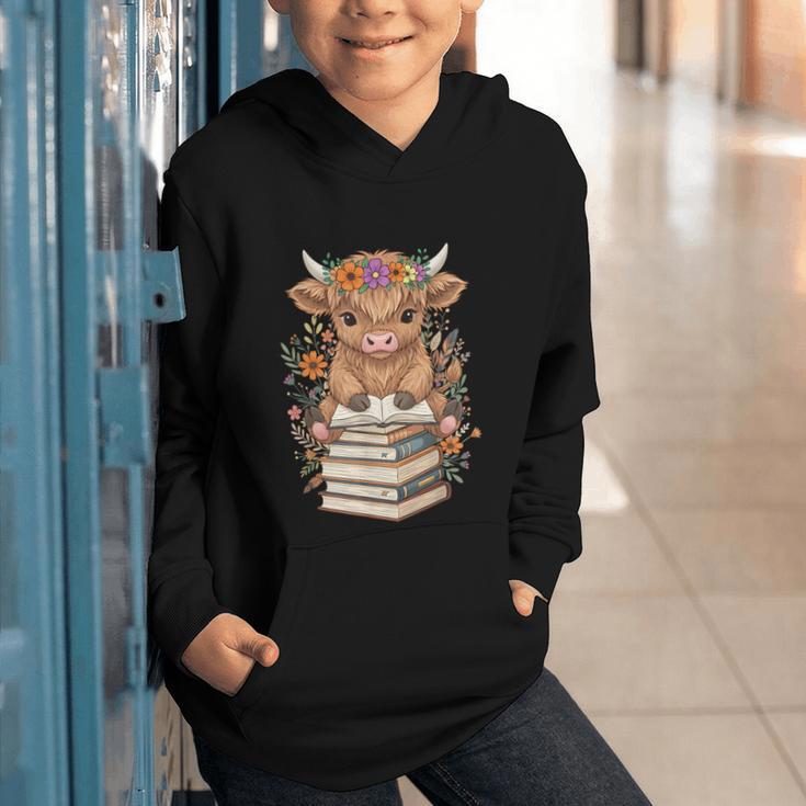 Cute Baby Highland Cow Reading Book Librarian Bookworm Graphic Youth Hoodie Cute Baby Highland Cow Reading Book Librarian Bookworm Graphic Youth Hoodie