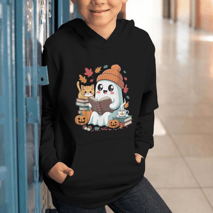 Cute Cozy Ghost Reading With Cat Book Lover Autumn Fall Graphic Youth Hoodie