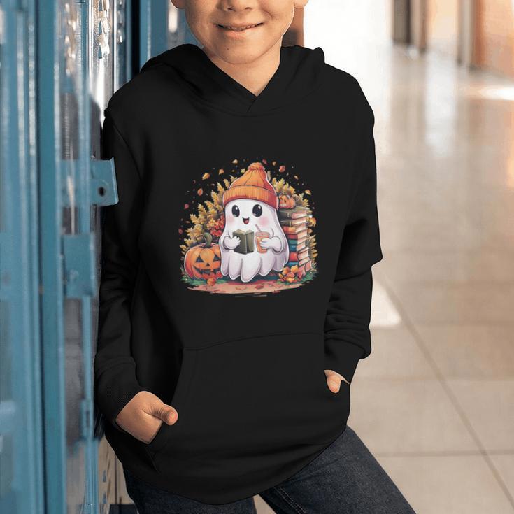 Cute Ghost Drinking Coffee Halloween Reading Book Retro Graphic Youth Hoodie