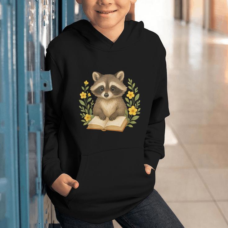 Cute Raccoon Reading Book Flowers Floral Graphic Youth Hoodie