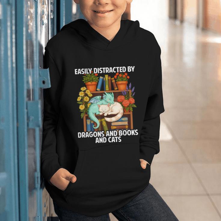 Easily Distracted By Dragons Books Cats Fantasy Book Lover Graphic Youth Hoodie