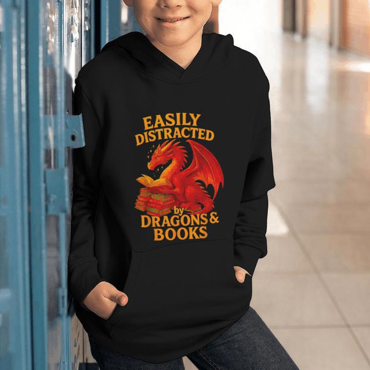Easily Distracted By Dragons And Books Reading Graphic Youth Hoodie