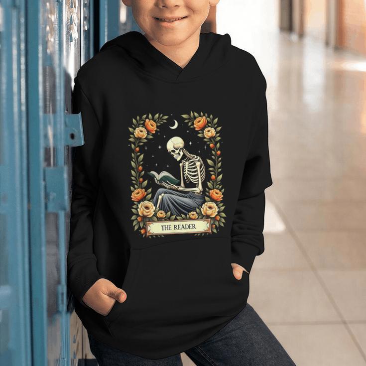 Floral Tarot Card The Reader Skeleton Reading Book Graphic Youth Hoodie Floral Tarot Card The Reader Skeleton Reading Book Graphic Youth Hoodie