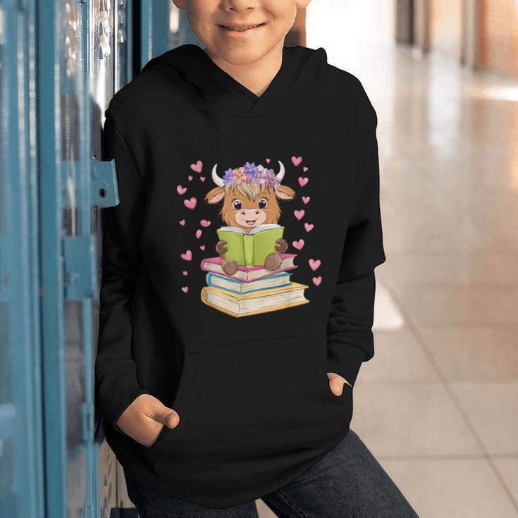 Highland Cow Reading Book Floral Bookworm Graphic Youth Hoodie