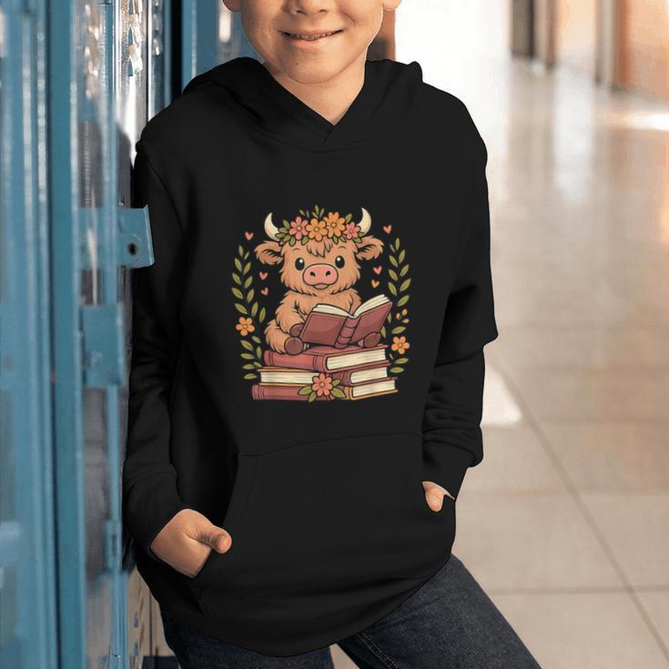 Highland Cow Reading Book Graphic Cow With Book Floral Graphic Youth Hoodie Highland Cow Reading Book Graphic Cow With Book Floral Graphic Youth Hoodie