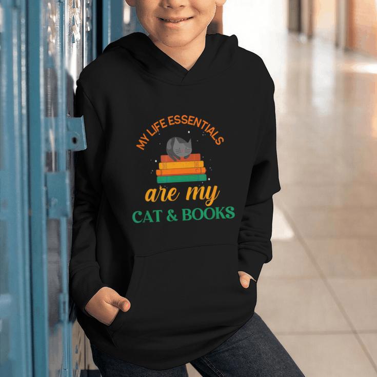 My Life Essentials Are Cat And Books Graphic Youth Hoodie