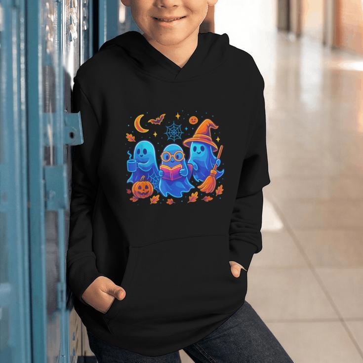 Little Ghost Coffee Tee Spooky Season Ghost Reading Book Graphic Youth Hoodie