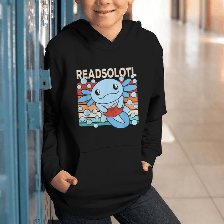 Readsolotl Blue Kawaii Axolotl Book Lover Reading Retro Graphic Youth Hoodie