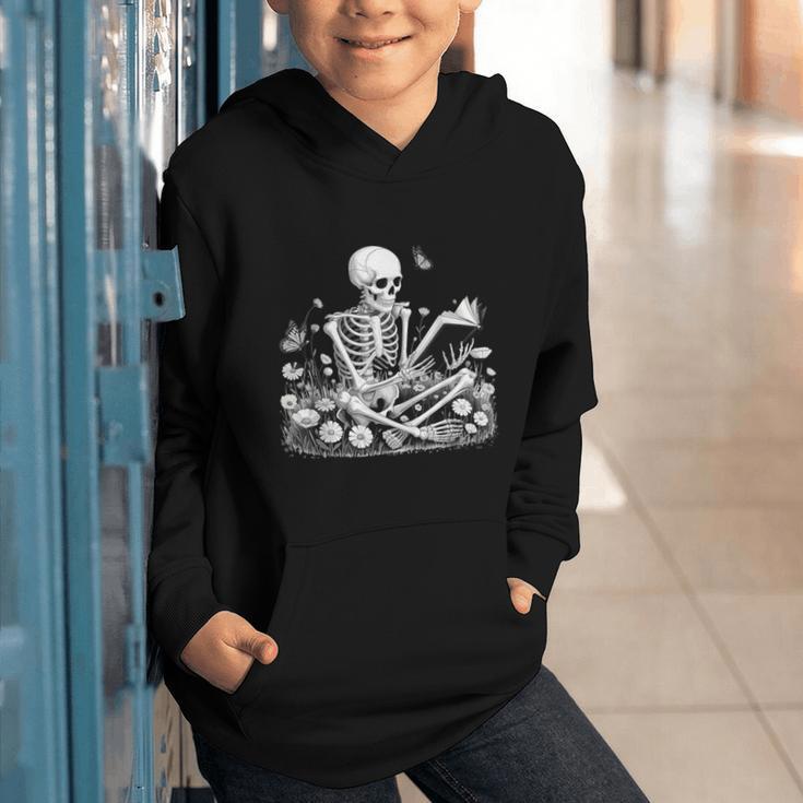 Skeleton Reading Book Floral Dark For Book Lovers Graphic Youth Hoodie