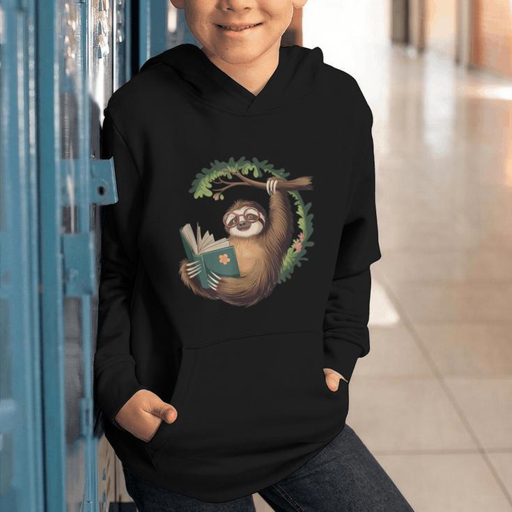 Sloth Reading a Book Lazy Sloth Bookworm Graphic Youth Hoodie