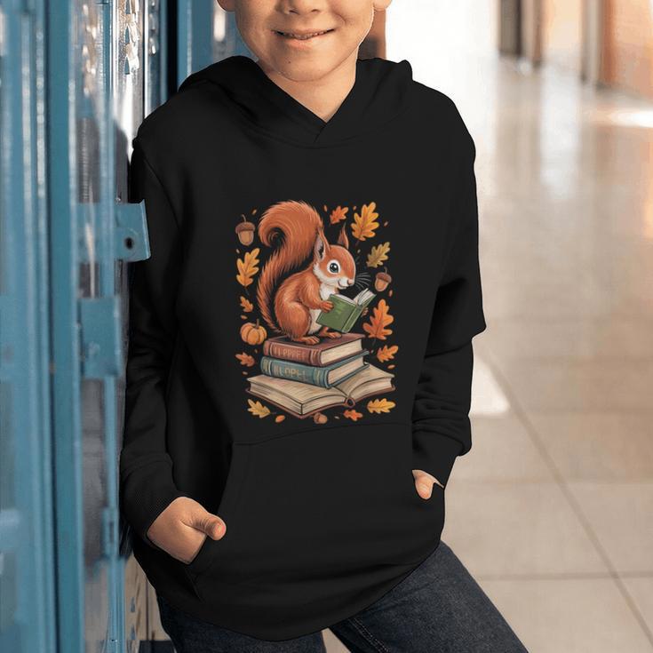 Squirrel Reading Book Lovers Fall Leaves Library Books Graphic Youth Hoodie