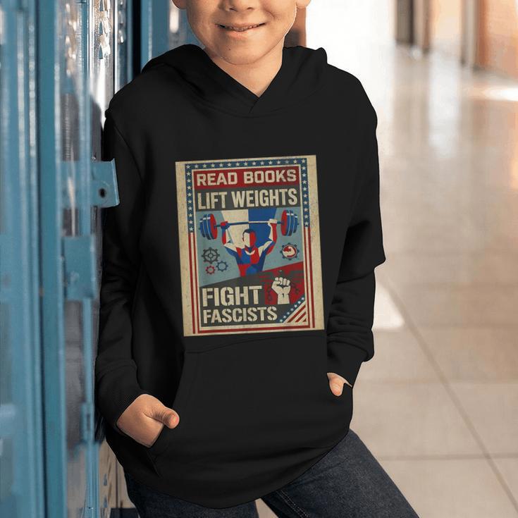 Vintage Style Read Books Lift Weights Fight Fascists Retro Graphic Youth Hoodie