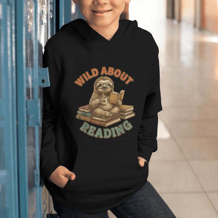 Wild About Reading Sloth Coffee Teacher Book Lover Graphic Youth Hoodie