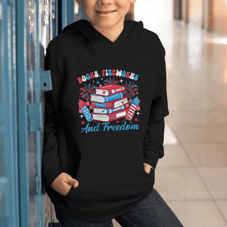 Women's Books Fireworks And Freedom Independence Day Book Lover Graphic Youth Hoodie