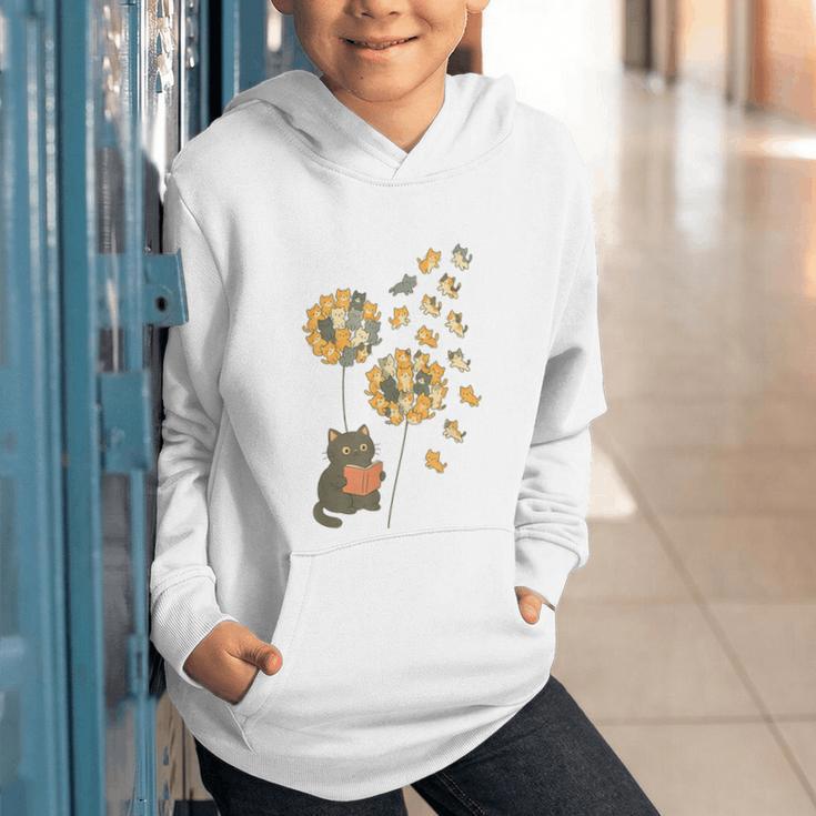 Cute Reading Cat With Kitten Dandelion Flowers Book Lover Graphic Youth Hoodie