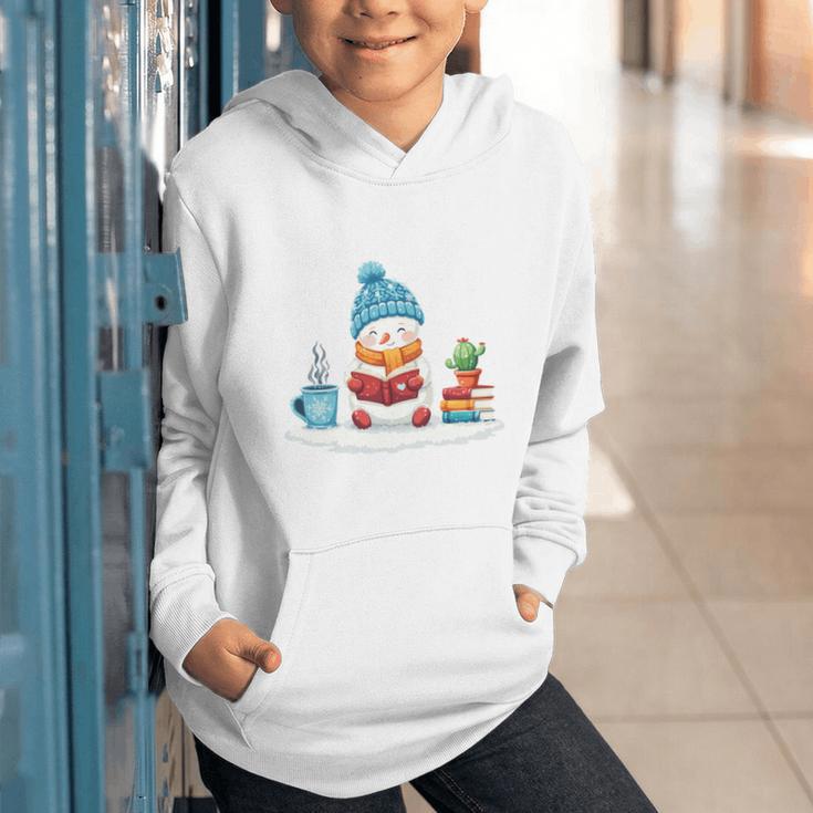 Cute Winter Cozy Snowman Reading Book Lovers Xmas Snowman Graphic Youth Hoodie