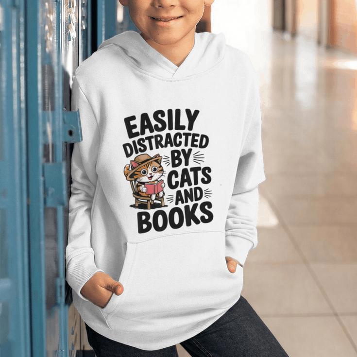 Easily Distracted By Cats And Books Lovers Reading Graphic Youth Hoodie