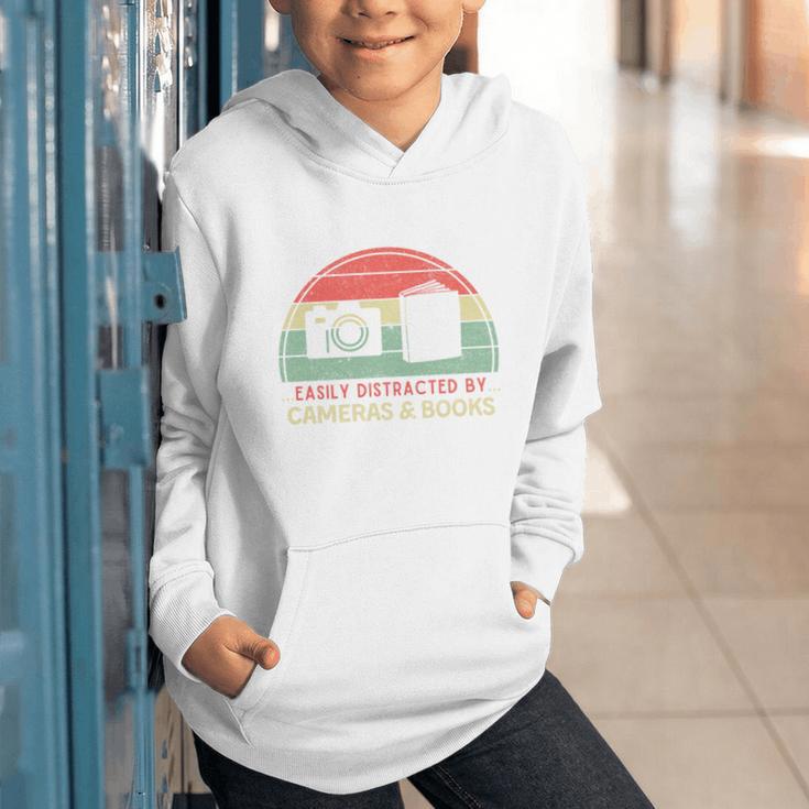 Retro Easily Distracted By Cameras & Books Photography Graphic Youth Hoodie