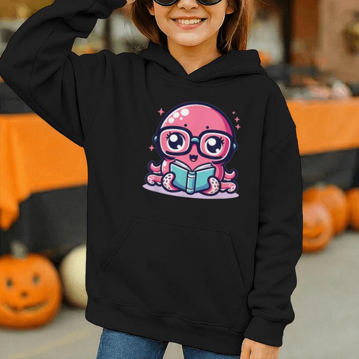 Adorable Book Lover Octopus With Reading Glasses Cute Graphic Youth Hoodie