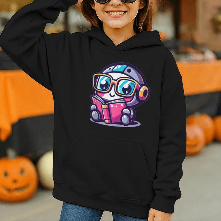 Adorable Book Lover Robot With Reading Glasses Cute Graphic Youth Hoodie