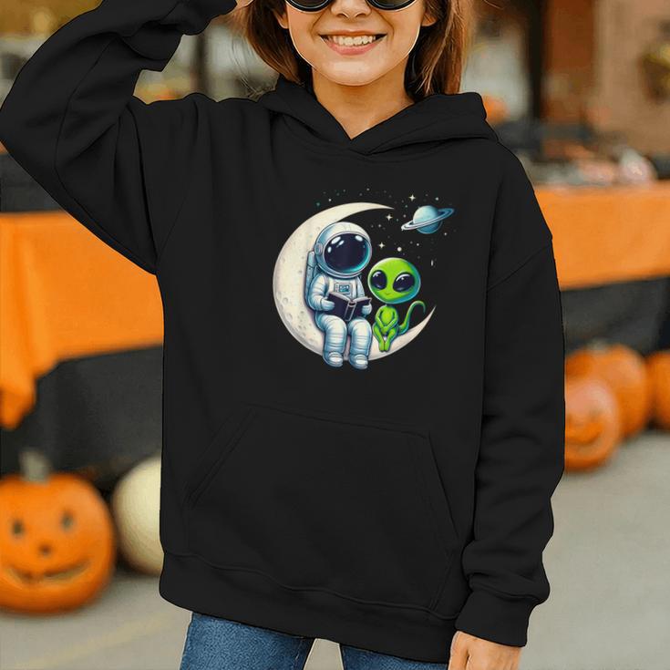 Astronaut Reading Book To Alien Shirt Moon Space Lover Kids Graphic Youth Hoodie