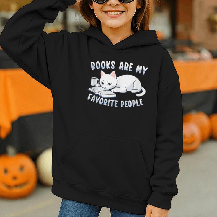 Books Are My Favorite People Cat With Coffee Mug Book Lovers Graphic Youth Hoodie