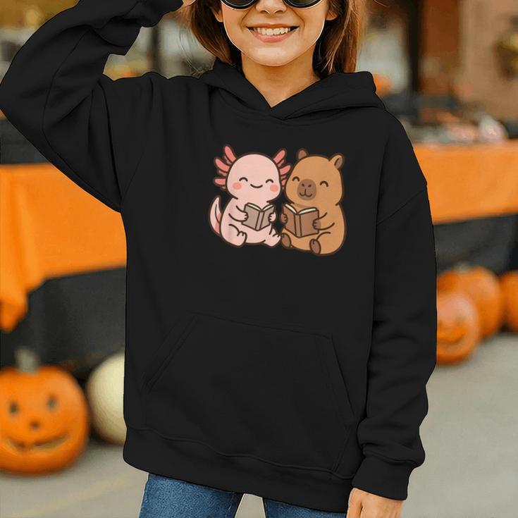 Capybara Axolotl Kawaii Kids Anime Book Lover Reading Graphic Youth Hoodie
