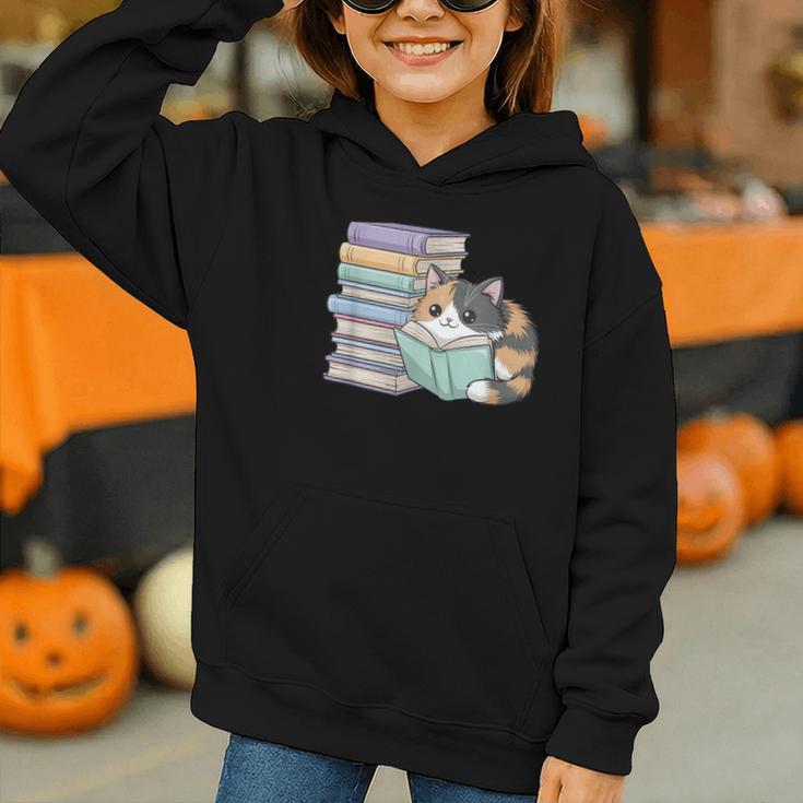 Cat On Books Pets Cats Reading Book Nerd Read Reader Bookcat Graphic Youth Hoodie