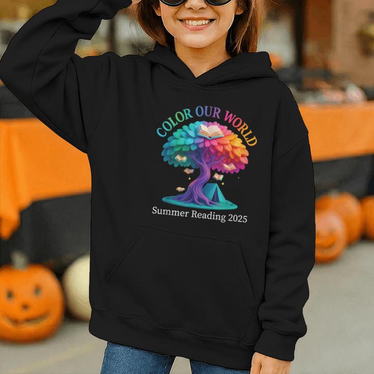 Color Our World Summer Reading 2025 Tree Book Lover Camping Graphic Youth Hoodie