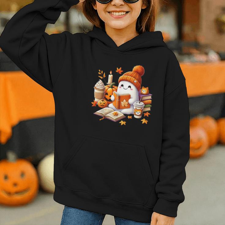 Cute Ghost Reading Book Lovers Halloween Pumpkin Women Girls Graphic Youth Hoodie