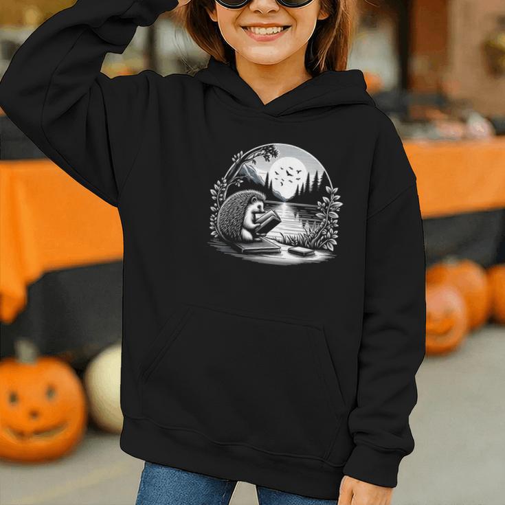 Hedgehog Reading Book Full Moon Lake Scenery Graphic Youth Hoodie