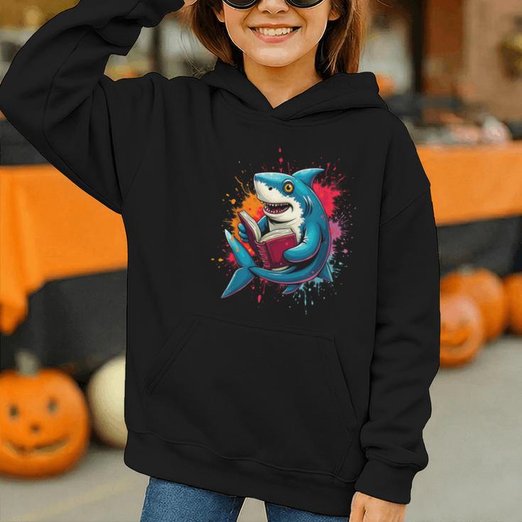 Kawaii Shark Reads Book Reading Library Book Bookworm Graphic Youth Hoodie