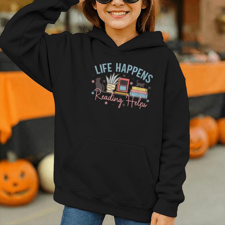 Life Happens Reading Helps Loves To Read Books Cats Graphic Youth Hoodie